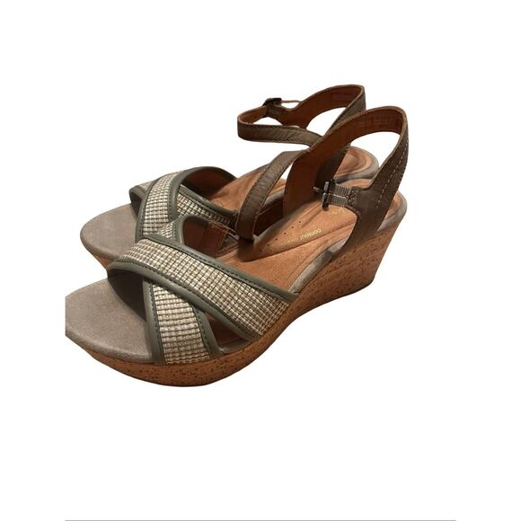 Clarks Womens Tan Olive Green Leather Elleri Plub Wedge Sandal Size 7.5 - Picture 2 of 12